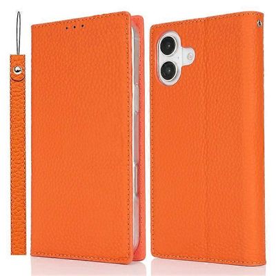 Yhteensopiva iPhone 16 Plus lompakkokotelon kanssa Aito lehmännahkainen puhelimen kansi Litchi Texture Oranssi