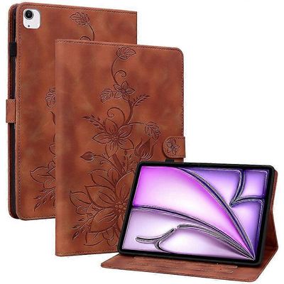 iPad Air 13 (2024) -kotelolle, PU-nahkaiselle korttipidikkeelle ja tabletin suojakuorelle, liljakukkakuviolle - ruskea Monivärinen Brown