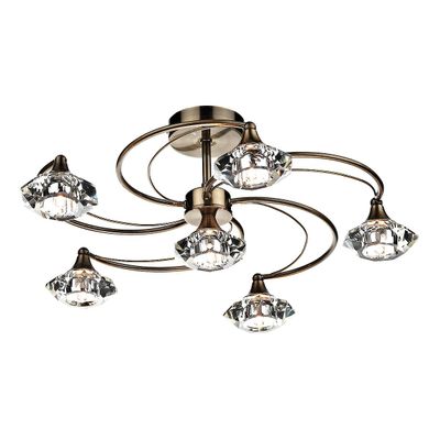Dar Lighting Luther Semi Flush Loft Lys Lys Antik Messing Krystal, 6x G9