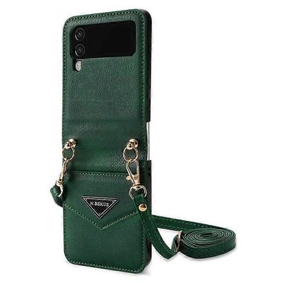 N.BEKUS Anti-Drop -puhelinkotelo yhteensopiva Samsung Galaxy Z Flip3 5G iskunkestävä kotelo PU nahkainen kova PC-puhelimen kuori kaulanauhalla Vihreä