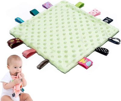 Baby Tags turvapeittot - Vauvan rauhoittava pehmohuopa värikkäillä tunnisteilla, 10"x10" Squa