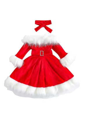 Toddler Baby Girls Velvet Christmas Dress Børn Langærmet Flæse Julemanden Kjole Xmas Princess Kjole Pandebånd Sikker og praktisk 2-3 år