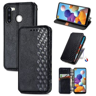 Kompatibel med Samsung Galaxy A21 Flip Case Etui Vintage Wallet Flip Cover med magnetisk lukning Coque - Blå sort