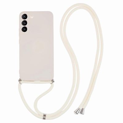 Samsung Galaxy S21 4G / 5G -kotelolle kumitettu kuituvuorikansi pitkällä kaulanauhalla Valkoinen