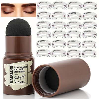 Qian øjenbryn stempel Shaping Kit Hairline Shadow Powder Stick med 24 genanvendelige pande stencils sort brun