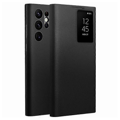 QIALINO-yhteensopiva Samsung Galaxy S22 Ultra 5G -ikkunan kanssa Matkapuhelinkotelo Älykäs Auto Herätys / Nukkuminen Aito Lehmännahka Musta