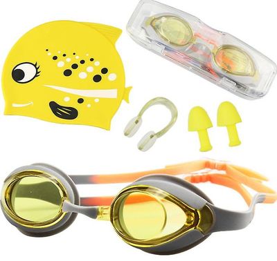 Handuo 4pcs Silikone Svømning Beskyttelsesbriller Swimming Cap Set gul