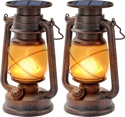 Aurinkolyhty ulkona, 2 kpl Vintage aurinkolyhty LED Storm Retro retkeilylyhty liekkiefektillä vedenpitävä ulkona LED-lyhty aurinkovalo