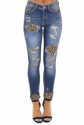 Hollow Out Leopard Patchwork nødlidende jeans 2XL Blue