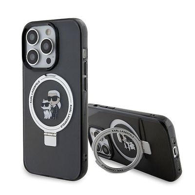 Karl Lagerfeld rengasteline Karl ja Choupette MagSafe kotelon kansi iPhone 15 Prolle - musta
