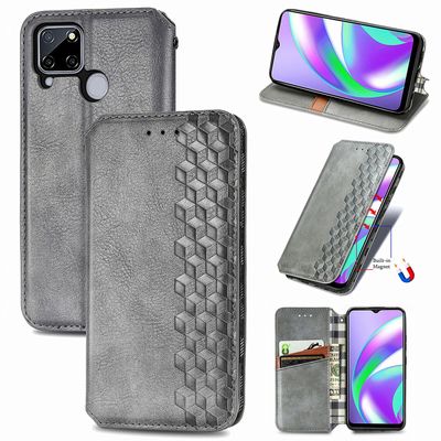 Kompatibel med Realme C12 Flip Case Etui Vintage Wallet Flip Cover med magnetisk lukning Coque - Blå grå