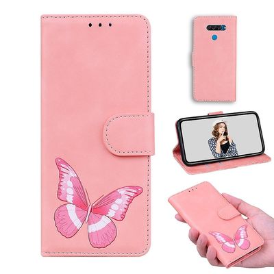Etui til Lg K50 / Q60 Butterfly Cover Premium Læder Magnetisk- Pink