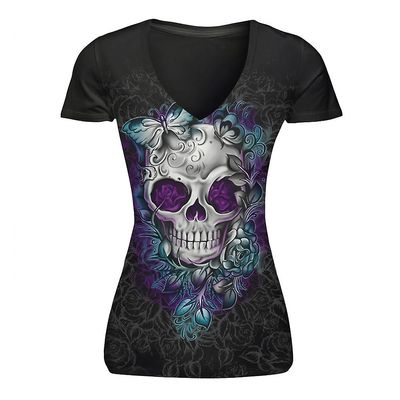 Ruili Grænseoverskridende udelukkende til Ebay Wish2017 Europæiske og amerikanske eksplosionsmodeller Skull Digital Printing V-neck Kortærmet T-shi...