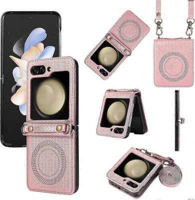 Magsafe Crossbody nahkainen iskunkestävä kotelo Samsung Galaxy Z Flip 6:lle irrotettavalla hihnalla Ruusu kullan