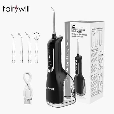 Fairywill Oral Irrigator Bærbar Vann Flosser Dental Teeth Rengjøring Vanntett USB Charge Med 5 Jets 5 moduser for tenner Cleane FW-L12-Svart