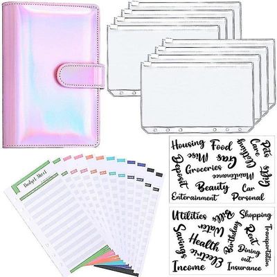 A6 Binder Budget Planner Notebook Dækker Mappe Størrelse 6 hul lommer Plast Lynlås Penge Saving Envelope Lyserød laser