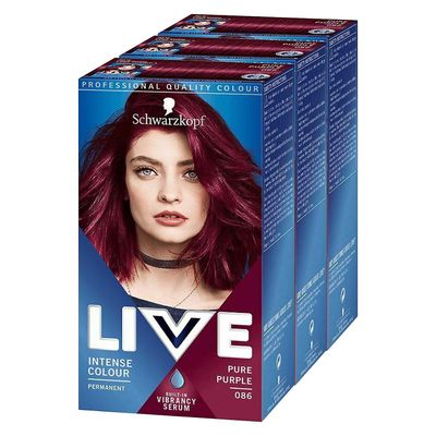 3x Schwarzkopf Live Intense Permenant Colour Pure Purple 086 med Vibrancy Serum Lilla
