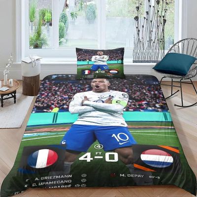 Kerota Kylian Mbapp Captain 3-osainen yhden hengen vuodevaatteet, France Football Star sänkysetti, esteettinen kuvio, 100% pehmeä ja miellyttävä mi...