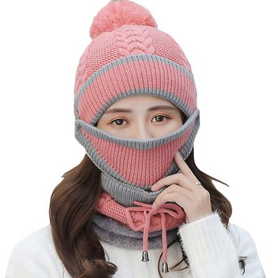 Besser Winter Lady 3pcs Strik Pom Hat Tørklæde Ansigtsmaske Sæt Pink