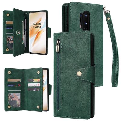 Foxdock Yhteensopiva OnePlus 8 Pro Case PU -nahkaisen magneettisen käännettävän vetoketjullisen kortinhaltijan lompakon kannen kanssa Vihreä