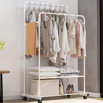 Hvit Elegant plaggstativ Dual klær Rack Rail Rolling Hengende hylleskap