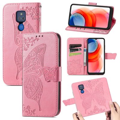 Gangxun Kompatibel med Motorola Moto G Play 2021 Case Flip Cover Emboss Butterfly Soft Tpu Stødsikker Shell Slim - Pink