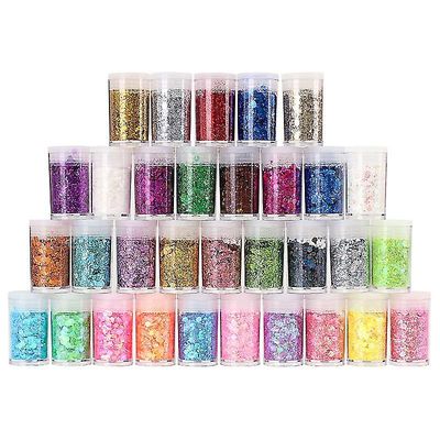Exsha glitter, fine glitter og holografiske chunky glitters, glitter for negler, 32pcs