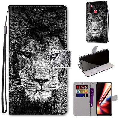 Foxdock Sag for Realme 5 / 5i / 6i Creative Pattern Tui magnetkort Holder Wallet - Lion