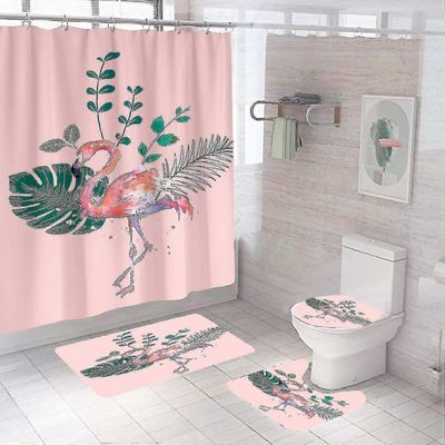 4 kpl Flamingo-suihkuverho liukumatto, wc-kannen kansi, U-matto, kylpymatto ja suihkuverho 12 koukulla, lehti vedenpitävä sademetsäsuihku C