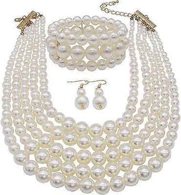 Heyone Suuri helmikaulakoru naisille Viiden monisäikeinen helmikaulakoru rannekoru Korvakorusetti Big Pearl Bib -kaulakoru 1920-luvun pukukorusetti