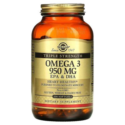 Solgar, Omega 3, EPA &; DHA, kolminkertainen vahvuus, 950 mg, 100 pehmeää geeliä