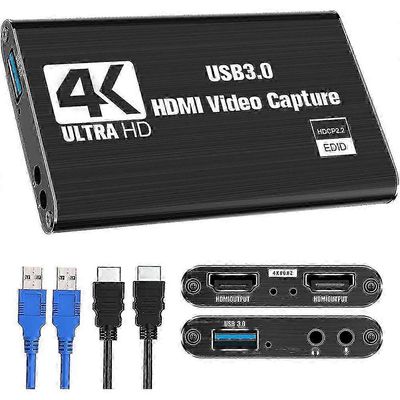 4K HDMI-USB-sieppauskortti suoratoistoon ja tallentamiseen, 1080P 60FPS yhteensopiva Switchin, PS5:n, PC:n, OBS:n kanssa Musta