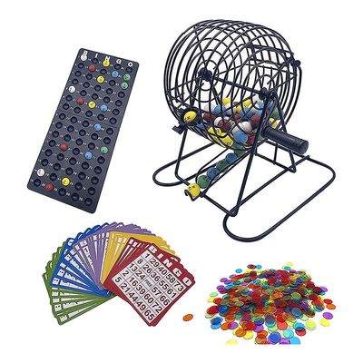 Deluxe-bingopelisetti, jossa on 6 tuuman bingohäkki, bingon päälauta, 75 värillistä palloa, 50 bingokorttia kuvan mukaisesti