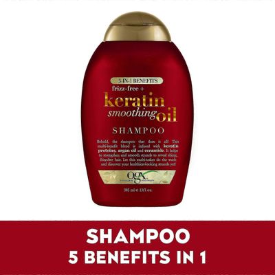 Ogx frizz-vapaa & keratiini tasoitus 5 in 1 öljy shampoo, 13 oz