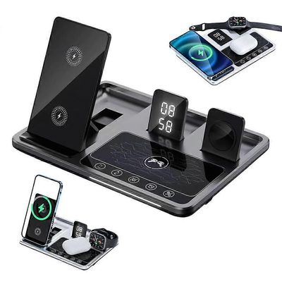 6 in 1 herätyskellon langaton latausteline iPhonelle, Samsungille, Androidille, yölampulla ja kellolla, harmaa pikalatausasema