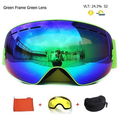 Dobbelt lag skibriller Uv400 Anti-tåge Big Ski Mask Briller Skiløb Snow Snowboard briller prydede Linse Mirror Beskyttelsesbriller Sag Grøn