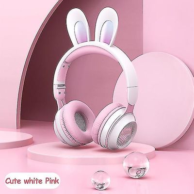 Roibon 2022 Nya trådlösa hörlurar Rgb Rabbit Ears Headset med Mic Cute Girls Music Bluetooth-hörlurar Söt vit rosa