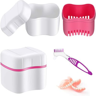 Linkrunning Protese badetaske med protese renere børste tandprotese tandbørste, protese kop protese boks bad protese beholder Pink 7.5cm*8.2cm