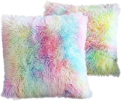 Sett med 2 sofapute dekorative kosete regnbue plysj fluffy deksel40 x 40 cm