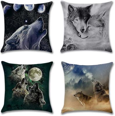 Sett med 4 dekorative putetrekk, 45 x 45 cm, polyester lin dekorativt putetrekk sett (ulv)