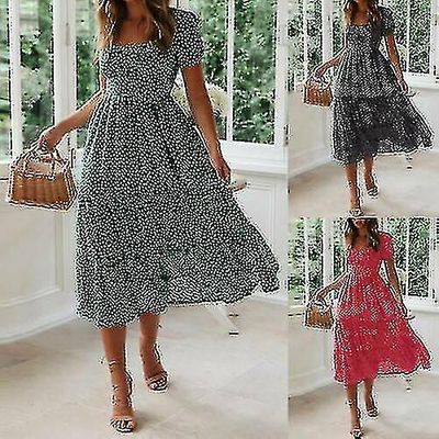 Kvinner Boho Floral Beach Midi Dress Ladies Summer Holiday Party Swing Sundress_s Marineblå 2XL