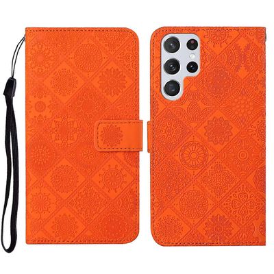 Samsung Galaxy S23 Ultra 5G etniseen tyyliin kohokuvioitu nahkainen puhelinkotelo Oranssi