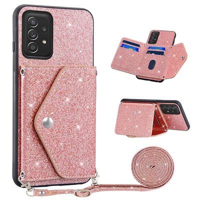 For Samsung Galaxy A23 4G / 5G (global versjon) Glitter telefondekselkortholder Kickstand Skinnbelagt TPU-veske Rosa