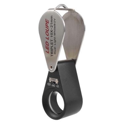 10-kertainen suurennuslasi, kolmilinssiinen suurennuslasi, jossa 6 LED UV-valoa, 21 mm, jalokiville, koruille ja muille esineille. hopeanmusta