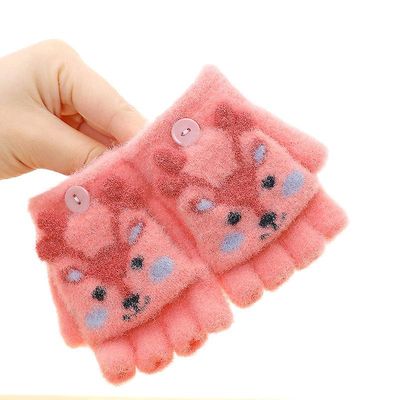 Vinter drenge og piger Baby Tykke varme børn Cartoon Elk Flip Handsker Børnehave Fem-finger Skrivning Pink