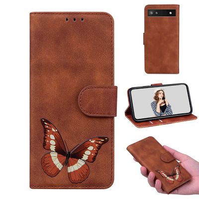 Etui til Google Pixel 6a Butterfly Cover Premium Læder Magnetisk- Pink Brown