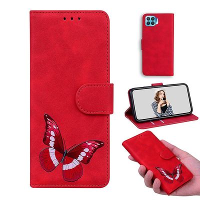 Etui til Oppo A93 4g / Reno 4f Butterfly Cover Premium Læder Magnetisk- Pink Rød
