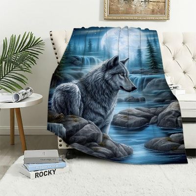 Wolf Blanket - Trykt Howling Wolf Moon Blanket - Plysj Mink Kast for sofaer, sofaer eller senger (blå)-mpoi112 60x50in 150x125cm