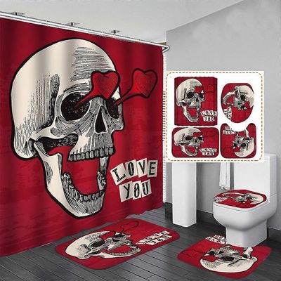 Sztxj Sydämenmuotoinen kallo Halloween-suihkuverhosetit, Halloween-kylpyhuoneen koristesetti 180 x 180cm - suihkuverho matolla, wc-kannen kansi, ky...