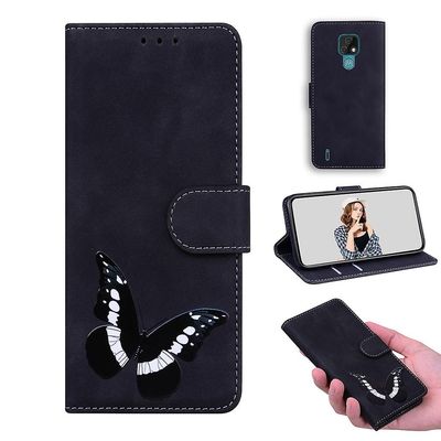 Etui til Motorola Moto E7 Butterfly Cover Premium Læder Magnetisk- Pink Sort